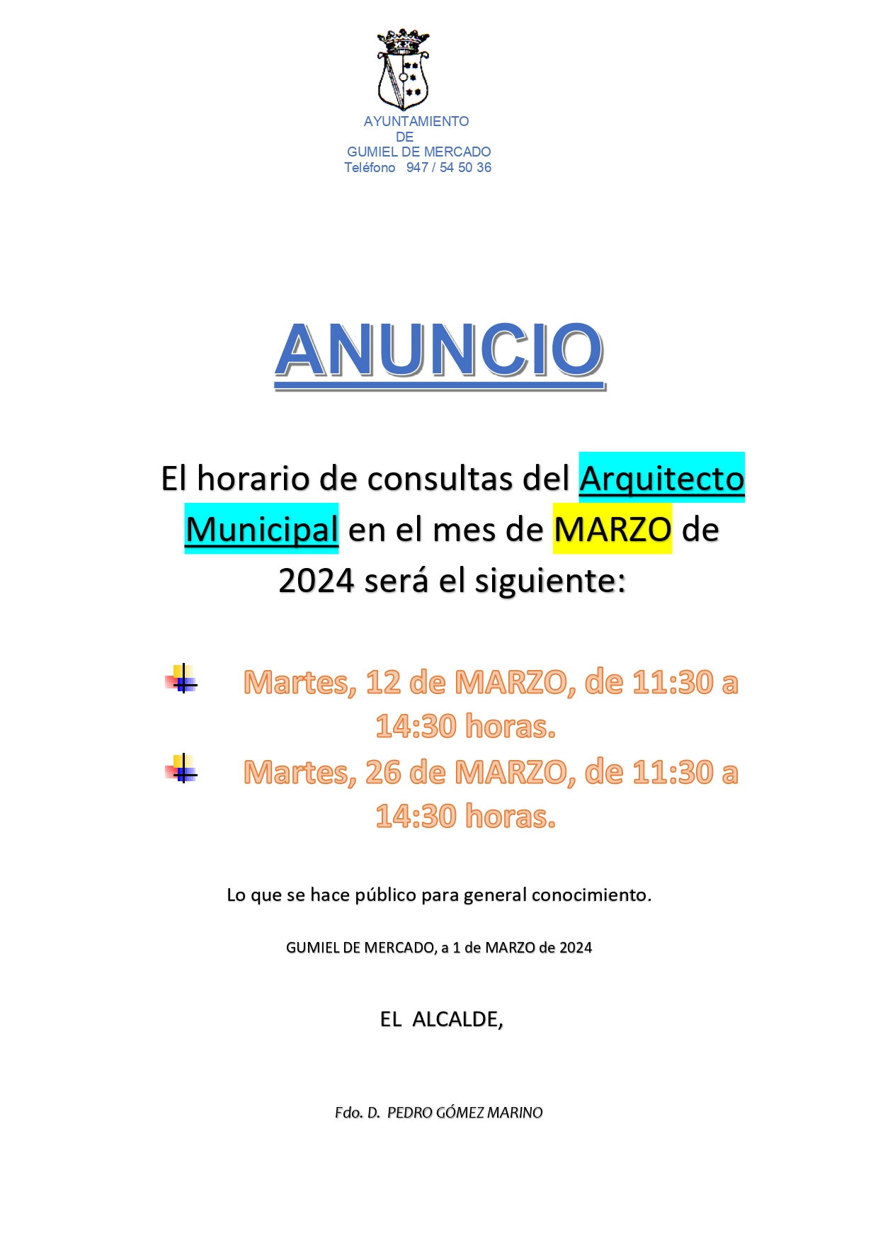 HORARIO ARQUITECTO MUNICIPAL - MARZO 2024